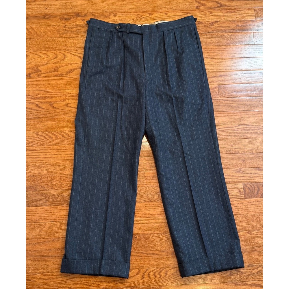 Vintage Paul Stuart Wool Dress Pants Mens 34x28 Pleated Cuffed Navy Pinstripe